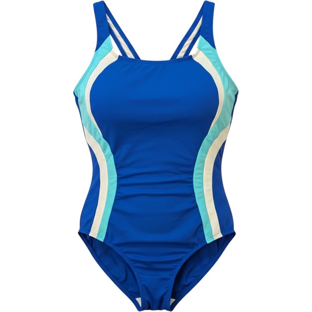 Lands End Womens Blue Colorblock Athletic One Piece Swimsuit 12L Crossback Bra